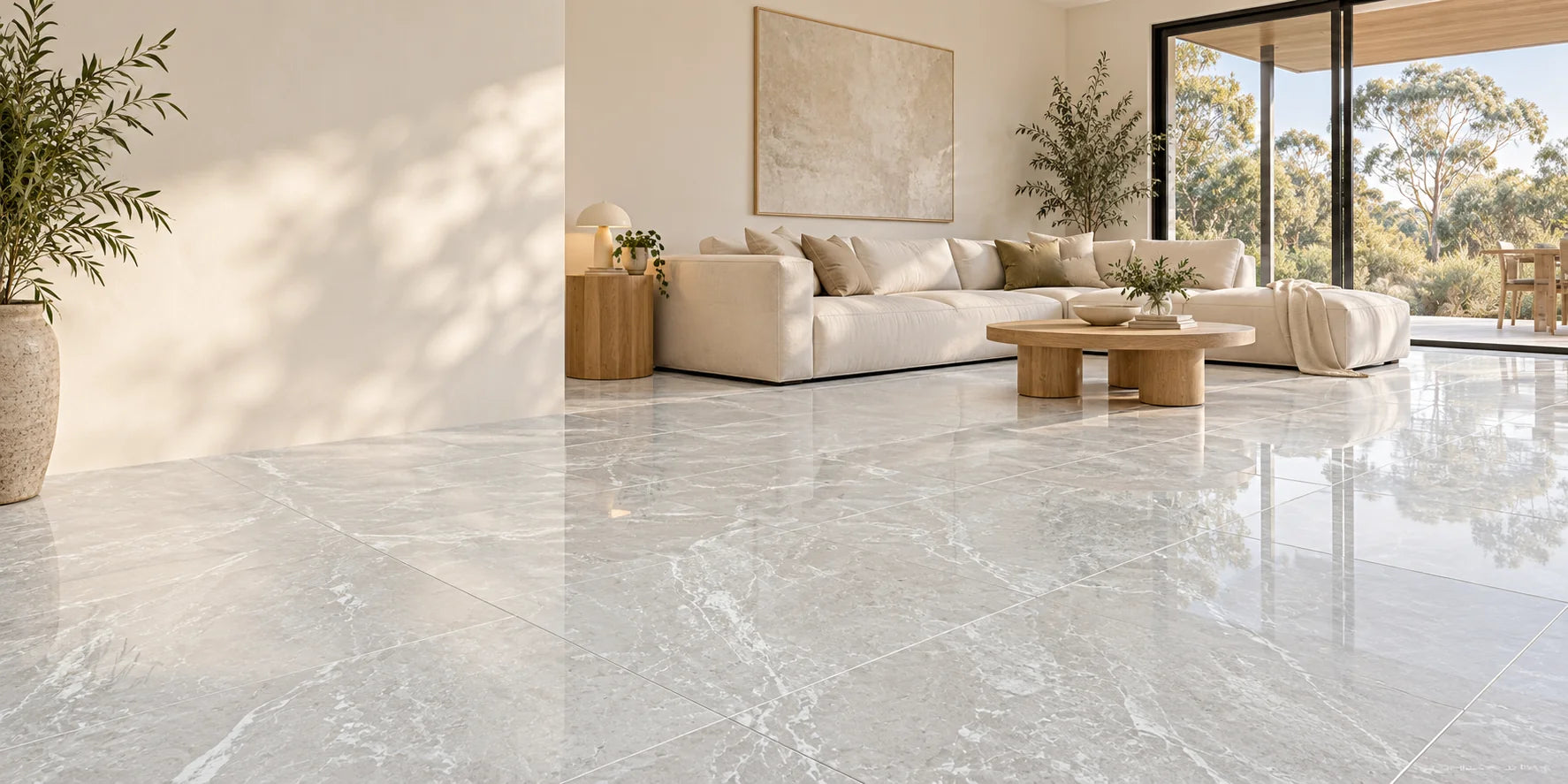 Product visualisation of an Australian living room with Dolomites Ivory Gloss 600×600 tiles