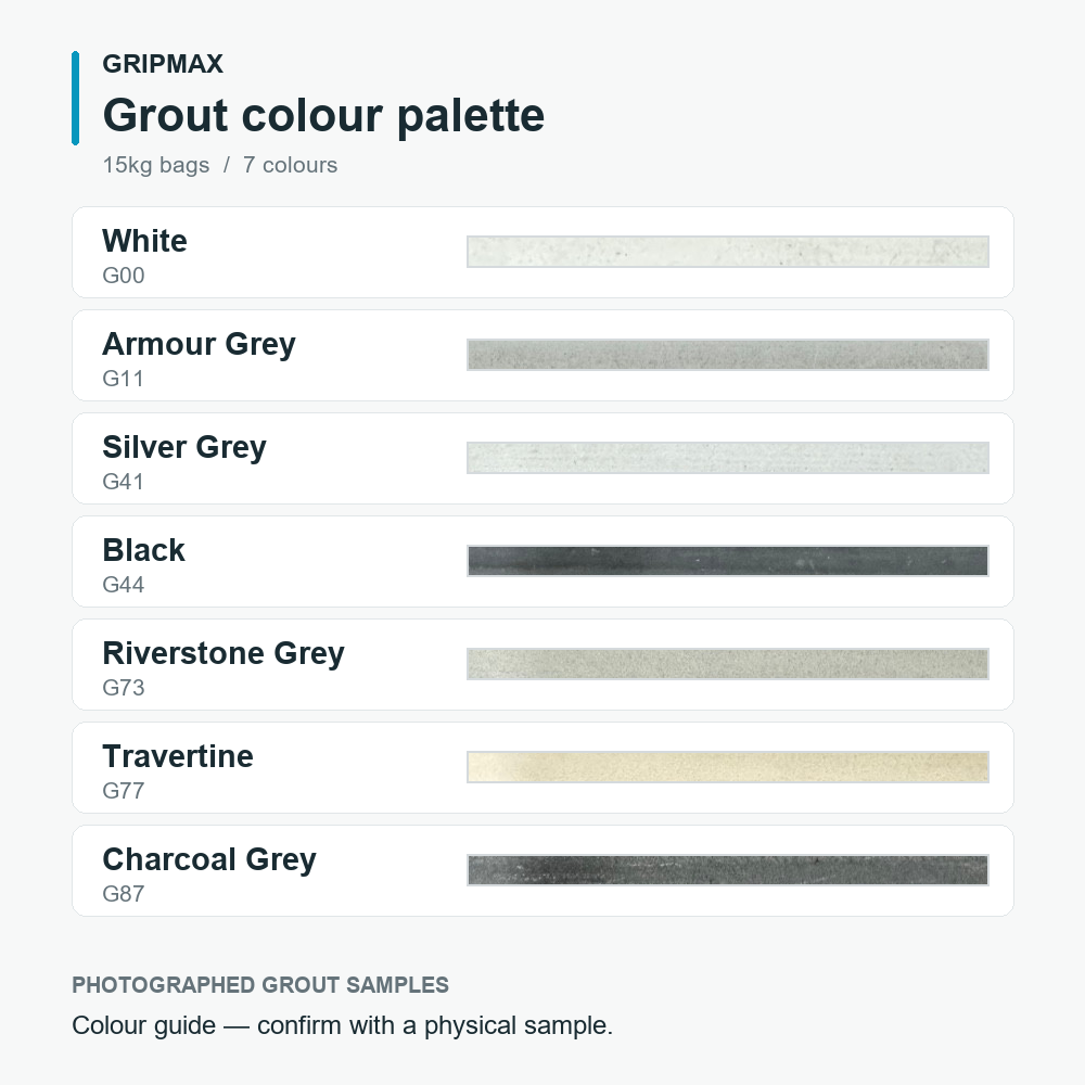 Gripmax grout colour guide: G00 White, G11 Armour Grey, G41 Silver Grey, G44 Black, G73 Riverstone Grey, G77 Travertine and G87 Charcoal Grey.