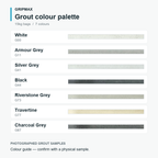 Gripmax grout colour guide: G00 White, G11 Armour Grey, G41 Silver Grey, G44 Black, G73 Riverstone Grey, G77 Travertine and G87 Charcoal Grey.