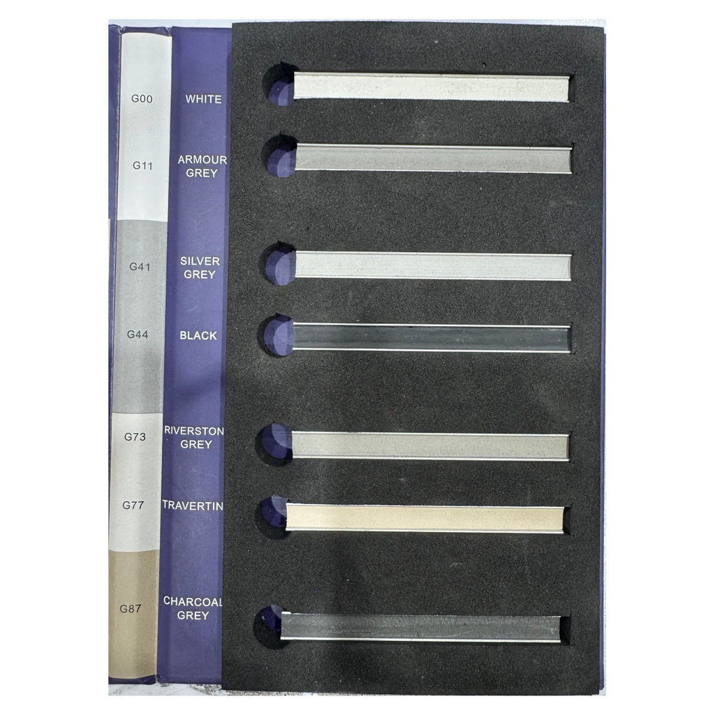 Gripmax physical grout sample board showing all seven labelled colours and codes.