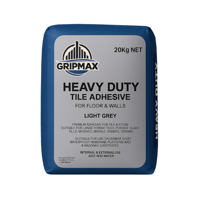 Gripmax Heavy Duty tile adhesive 20kg range - Light Grey packaging shown