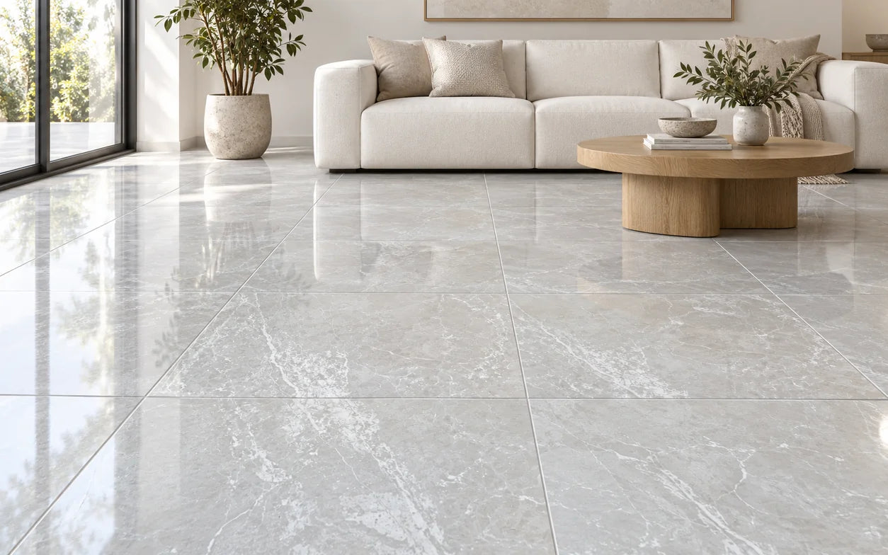 Room visualisation of Dolomites Ivory Gloss 600×600 tiles in a contemporary living space