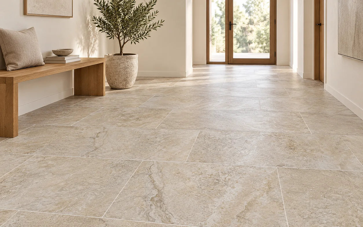 Room visualisation of Sandstone Look Textured 600×300 tiles in a warm modern interior