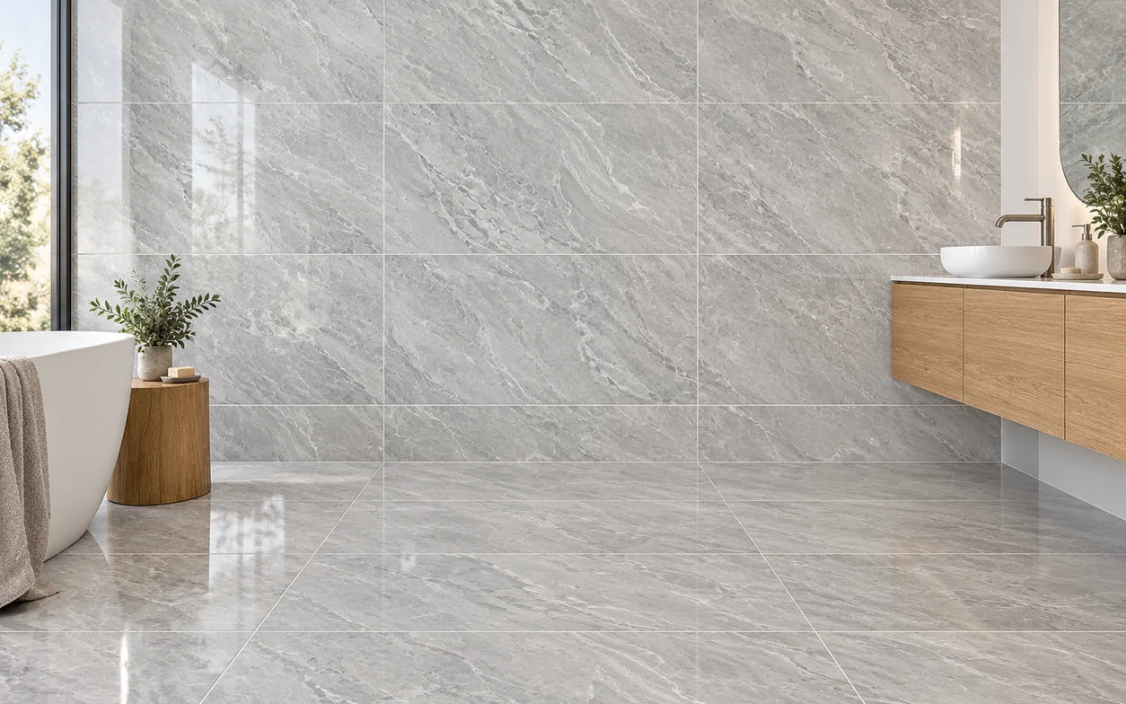 Room visualisation of Trail Light Grey Gloss 600×1200 tiles in a contemporary bathroom