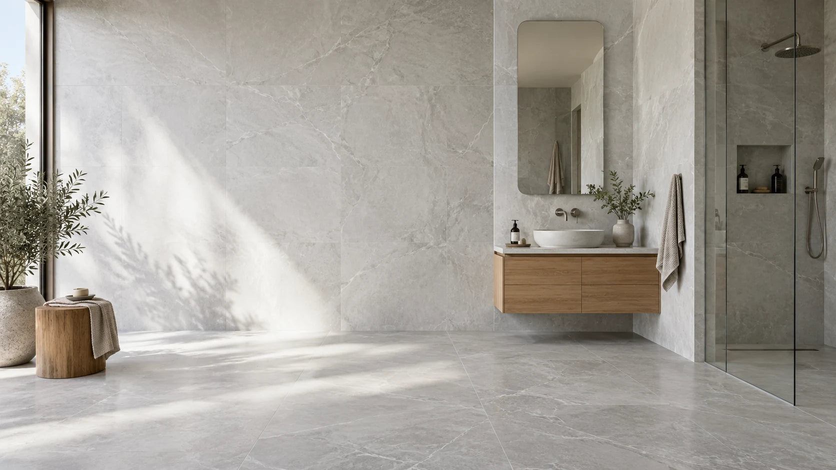 Contemporary bathroom with light-grey marble-look tiles and an oak vanity