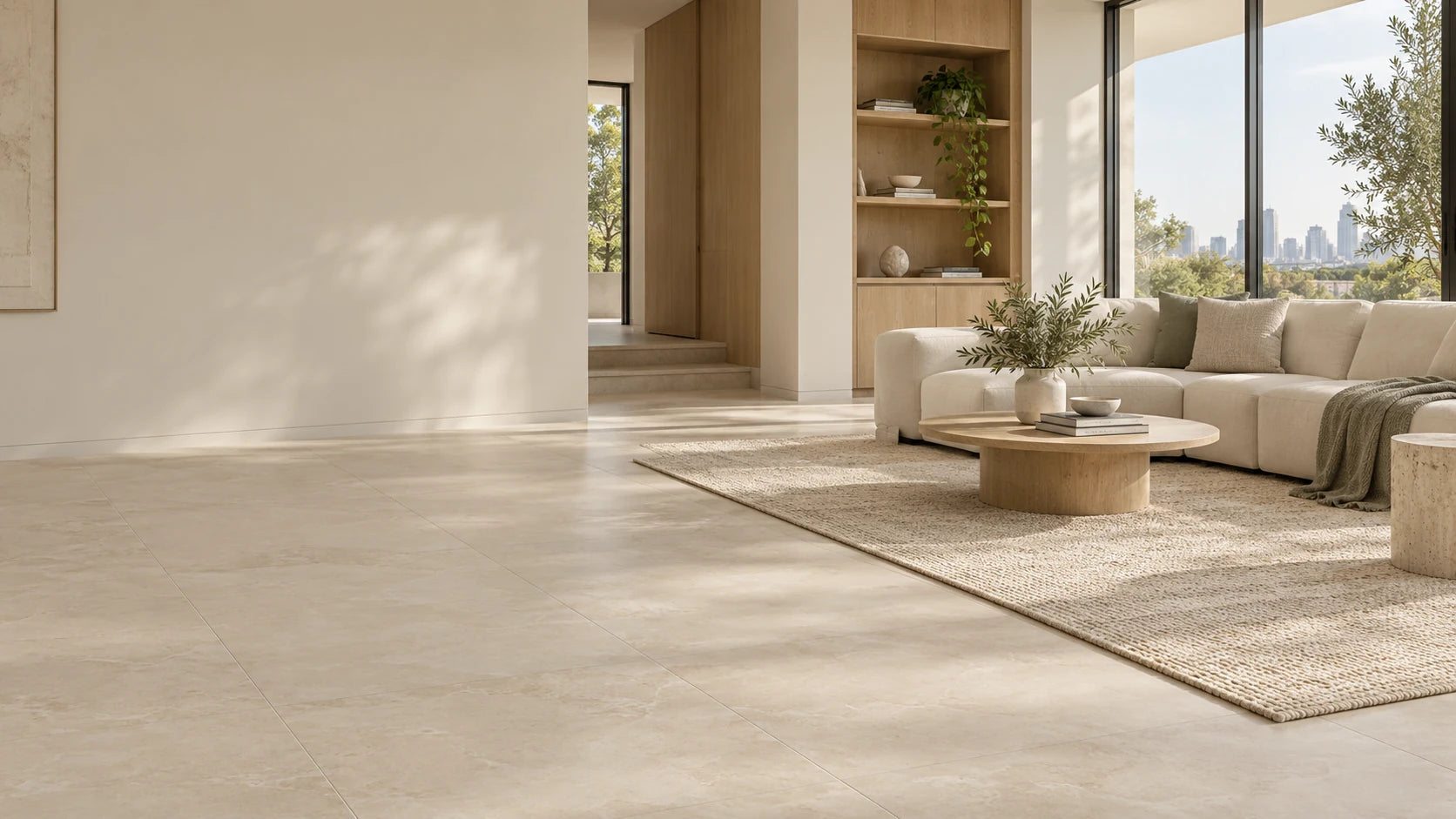 Contemporary living room with large-format ivory stone-look tile flooring